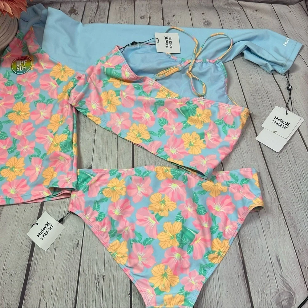 NWT Hurley 3 pc Rashguard bikini Swim Set sz girls 16 tropical floral beach surf